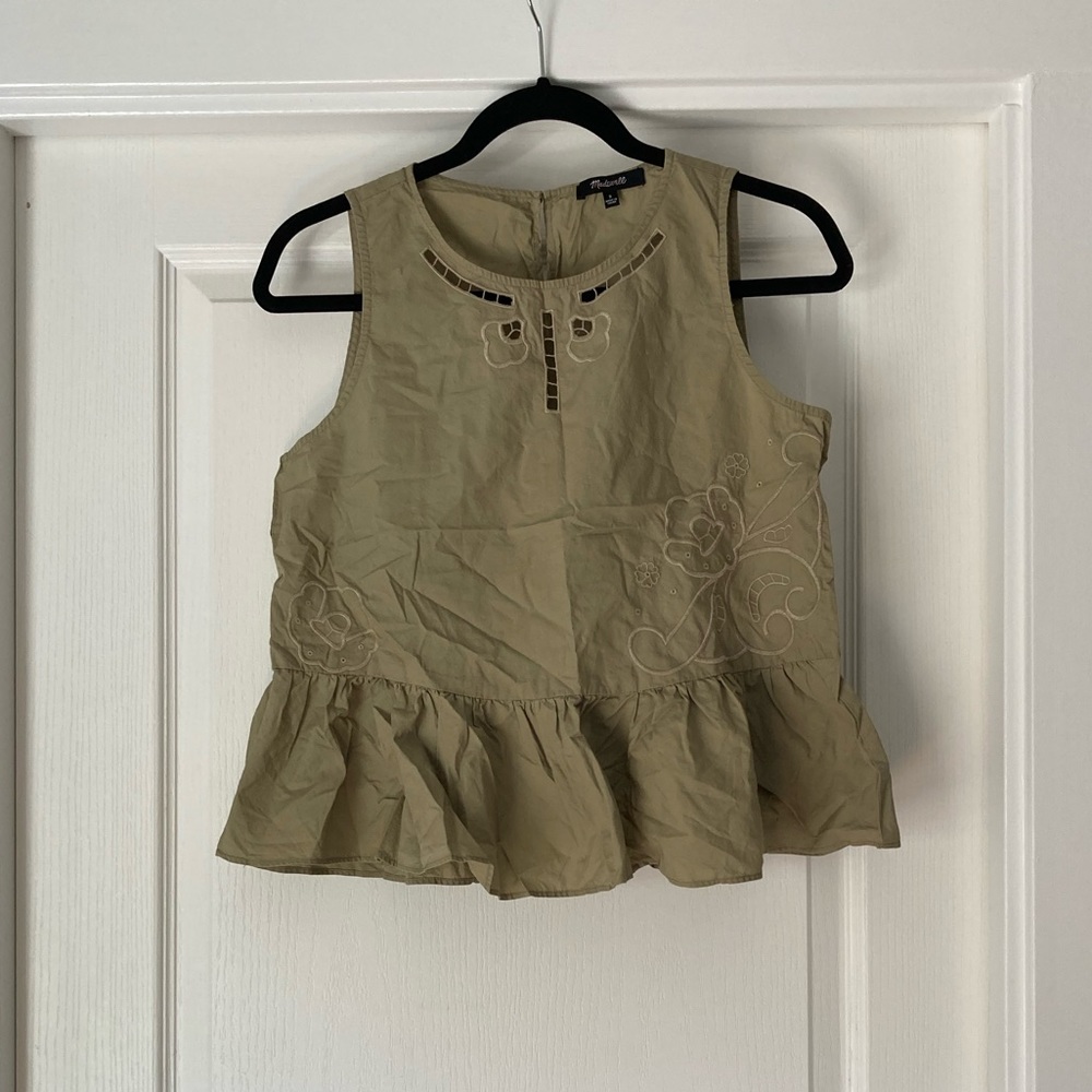 Madewell Embroidered Peplum Tank - Size S - Khaki